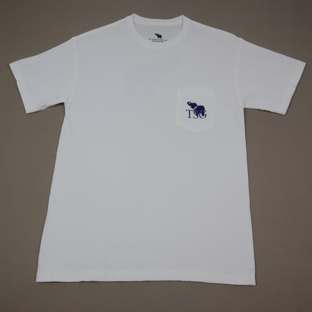 The Southern Gentleman White Pocket Tee with Plaid Elephant Icon - Size M